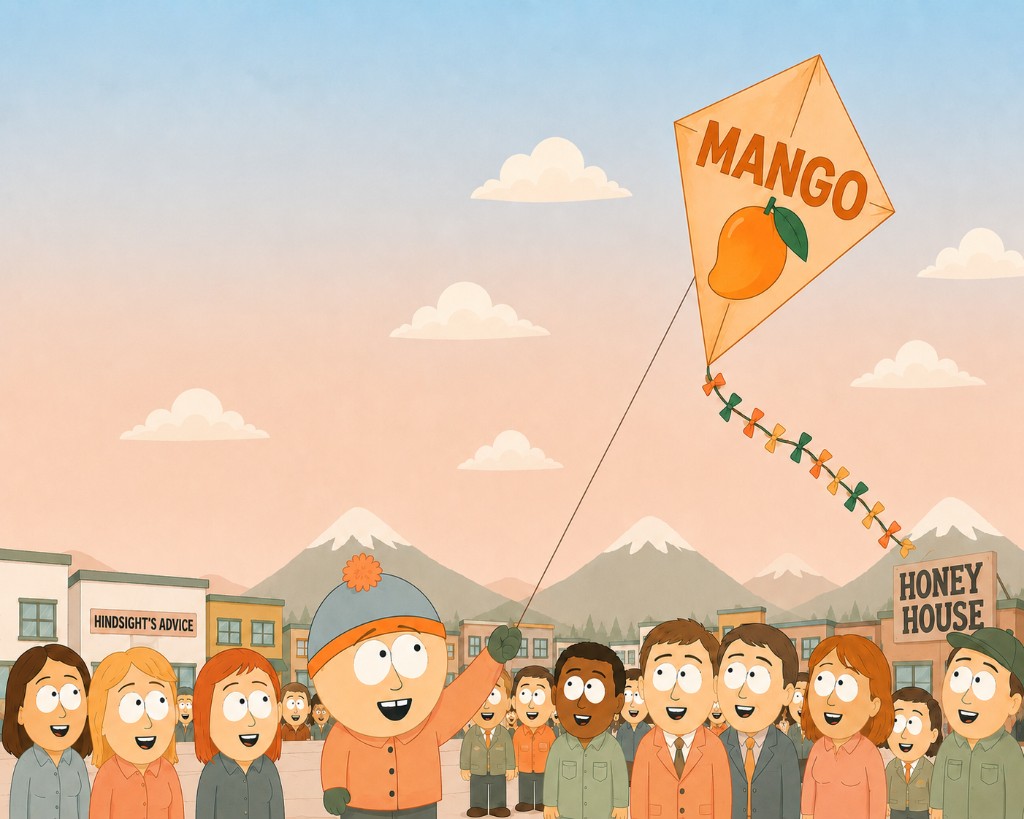 South Park–style town watching an orange Mango kite fly over the mountains.